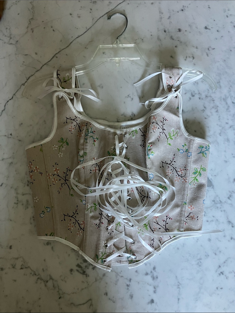 SHEIN Floral Lace-Up Corset Crop Top - Cream with Multicolor Blossoms💕💕